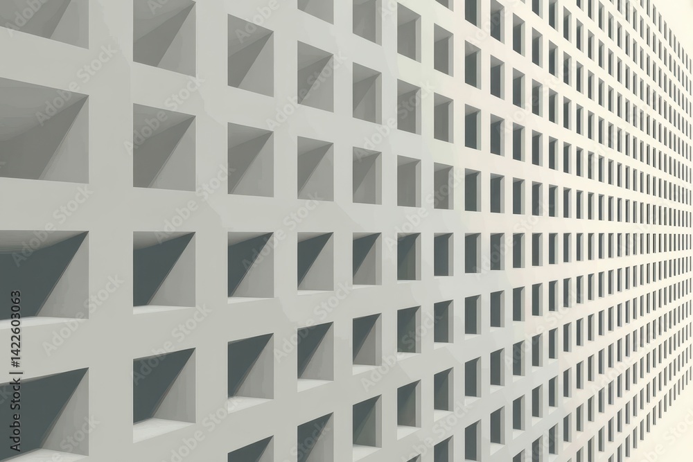 Abstract perspective view of a geometric pattern featuring square openings, creating a rhythmic and visually intriguing composition. Abstract perspective view of a geometric pattern featuring square openings, creating a rhythmic and visually intriguing composition.