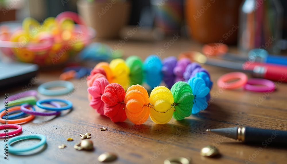Rainbow bracelet creating colorful designs on a wooden table