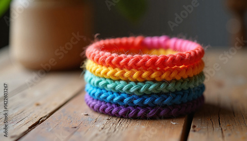 Obraz na płótnie Rainbow bracelet colorful stacked accessories on wooden table w salonie