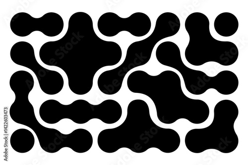Metaball or molecular pattern. Black amorphous circular shapes isolated on white background. Organic blobs or dots. Modern abstract wallpaper. DNA or neurons network. Vector graphic illustration.