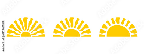Set of groovy setting or rising sun silhouettes isolated on background. Sunrise or sunset signs. Summer theme symbols. Modern psychedelic print. Happy positive vibes concept. Vector flat illustration.