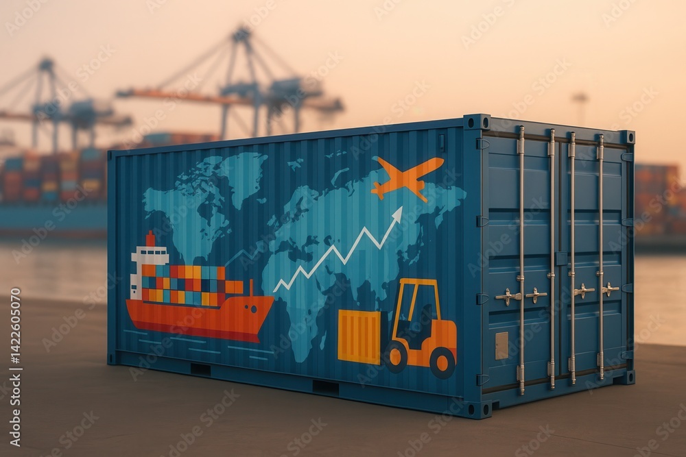 Intermodal freight transport with shipping container, cargo ship, airplane and forklift truck at a harbor