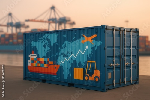 Obraz na płótnie Intermodal freight transport with shipping container, cargo ship, airplane and forklift truck at a harbor w salonie