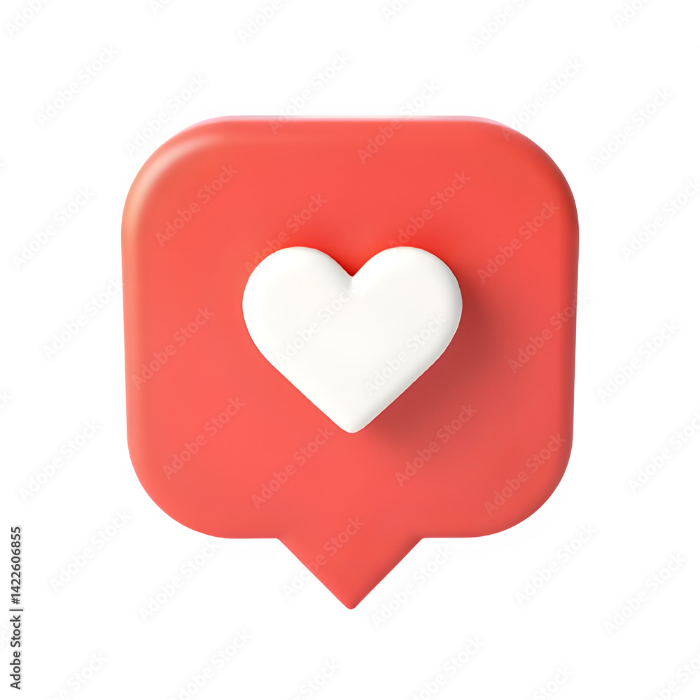 3D heart icon inside red chat bubble, representing social media like or love notification 3D heart icon inside red chat bubble, representing social media like or love notification