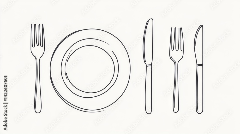 Continuous one line drawing of fork, knife, and plate icon set