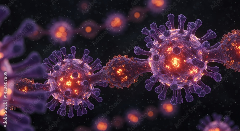 Interconnected Spiky Purple and Indigo Virus Cells Chain in Dark Cosmic Backdrop with Orange Internal Illumination 3D Render Interconnected Spiky Purple and Indigo Virus Cells Chain in Dark Cosmic Backdrop with Orange Internal Illumination 3D Render