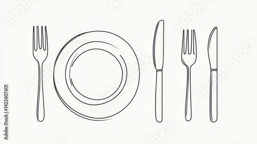 Continuous one line drawing of fork, knife, and plate icon set