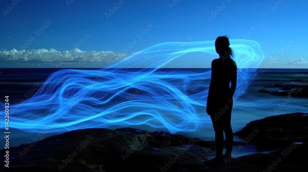 Fototapeta premium Woman ocean light painting serenity night