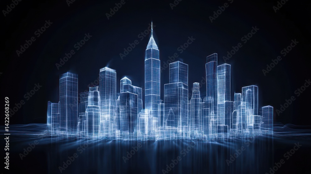 Wireframe city skyline, night, futuristic, digital Wireframe city skyline, night, futuristic, digital