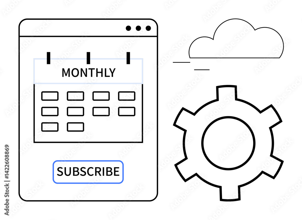 Calendar labeled monthly with a subscribe button next to a gear wheel and cloud. Ideal for scheduling, automation, SaaS, subscription management, organization, business tools, simple landing page Calendar labeled monthly with a subscribe button next to a gear wheel and cloud. Ideal for scheduling, automation, SaaS, subscription management, organization, business tools, simple landing page
