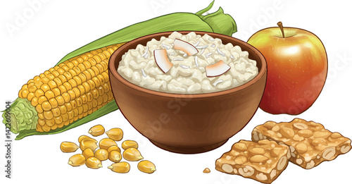 A collection of typical Festa Junina foods like canjica, corn, paçoca, and sweet treats, in doodle style.