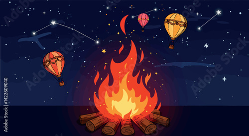 Group of people gathered around a big bonfire at night, celebrating Festa Junina with joy and warmth.