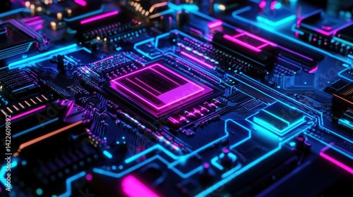 Wallpaper Mural Neon CPU circuit board, tech background Torontodigital.ca