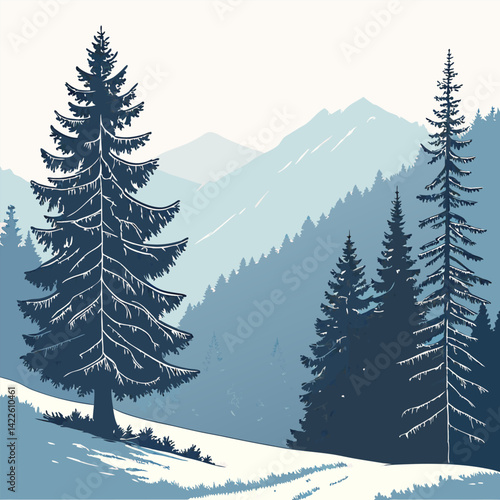 Winter Landscape: Majestic Evergreens, Snowy Hills.