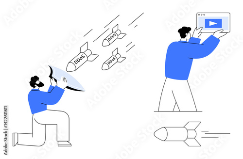 Person intercepting incoming DDOS-labeled missiles with a shield and another person securing online access. Ideal for technology, cybersecurity, protection, online safety, cyberattack prevention