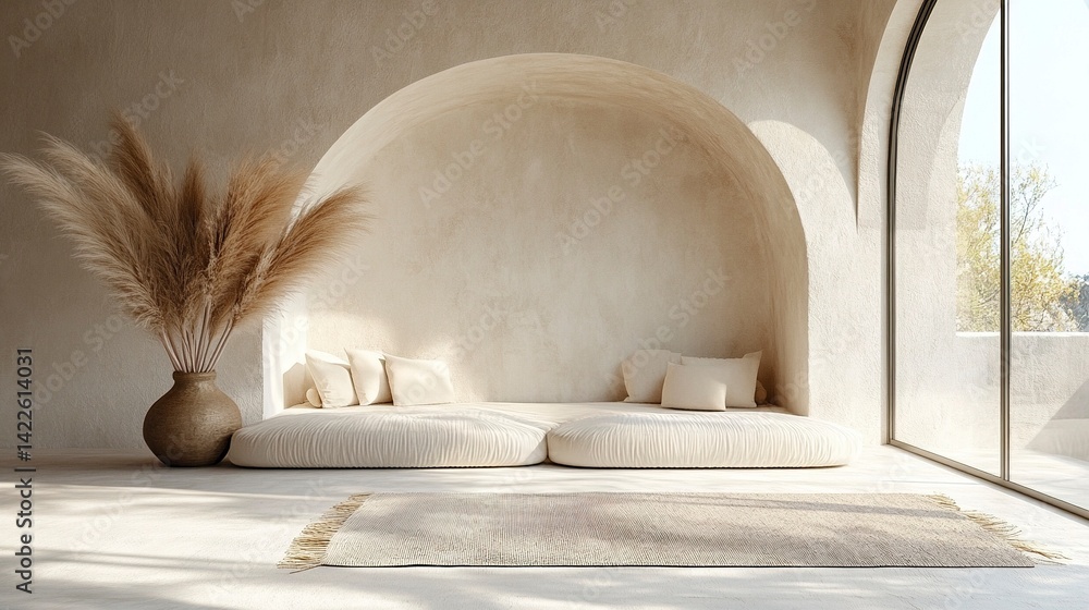 Obraz premium Minimalist interior with arched niche, pampas grass in vase, and soft neutral tones 