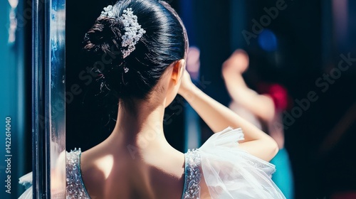 Candid Backstage Ballet Dancer Preparing for Performance in Elegant Attire