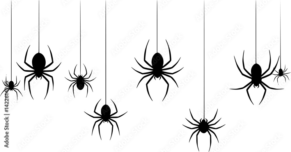 Hand drawn vector illustration of four distinct spiders suspended on threads in varying sizes and poses
