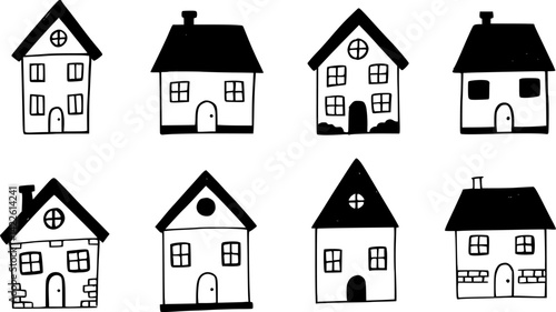 A set of various houses and buildings is available as doodles, featuring hand-drawn small one-floored houses and buildings for living isolated on a transparent background, illustrating architecture