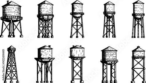 Various designs of water towers showcasing traditional structures in black and white style
