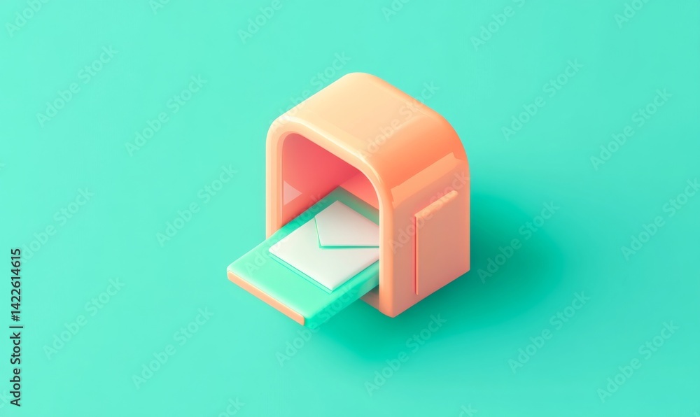Isometric 3D render of cute minimalistic mailbox with envelope inserted, pastel pink and green colors Isometric 3D render of cute minimalistic mailbox with envelope inserted, pastel pink and green colors