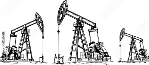 Hand drawn vector illustrations of oil pumps operating at different angles in a barren landscape during the day

