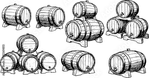 Hand drawn vector illustration of wooden barrels arranged in different positions, showcasing craftsmanship and design elements
