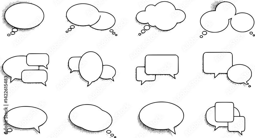 Fototapeta premium Modern message information memo box, thin line communication thought or say doodle chat, conversation dialogue speech bubble isolated outline icon 
