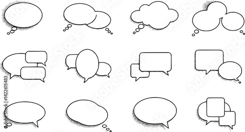 Modern message information memo box, thin line communication thought or say doodle chat, conversation dialogue speech bubble isolated outline icon
