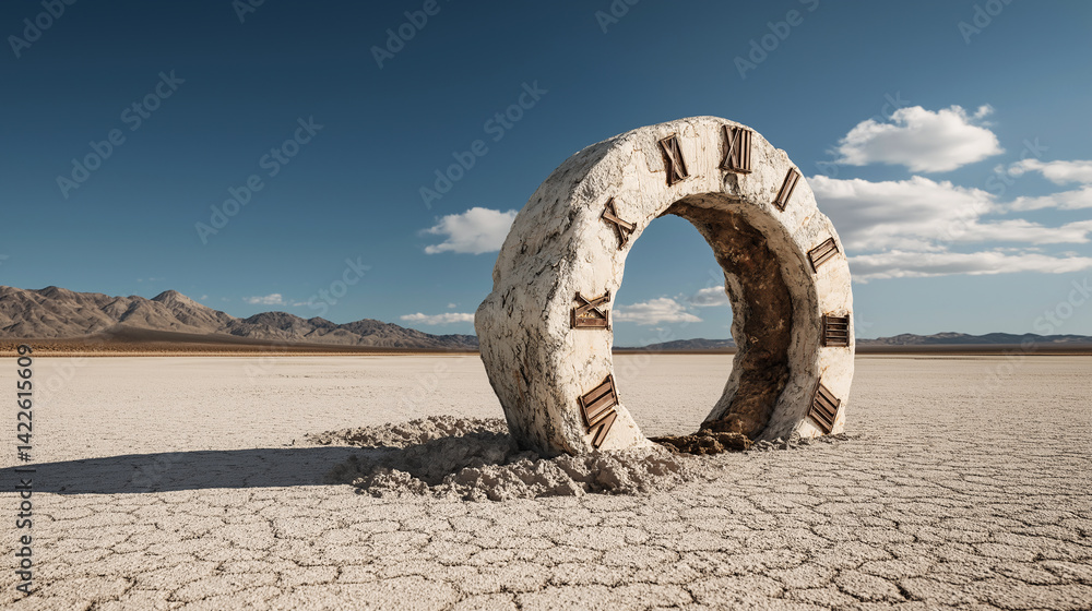 Fototapeta premium A weathered stone arch with Roman numerals resembling a clock face stands in a cracked desert landscape, with distant mountains under a clear sky, evoking themes of time and mystery.