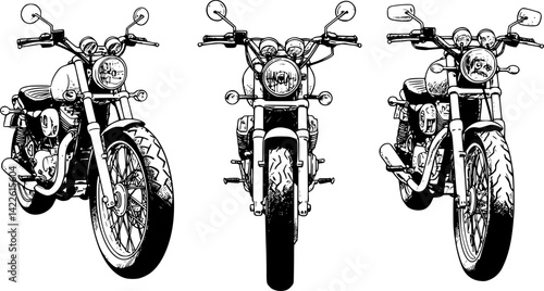 Different perspectives of modern motorcycles, showcasing unique designs and features from the front view
