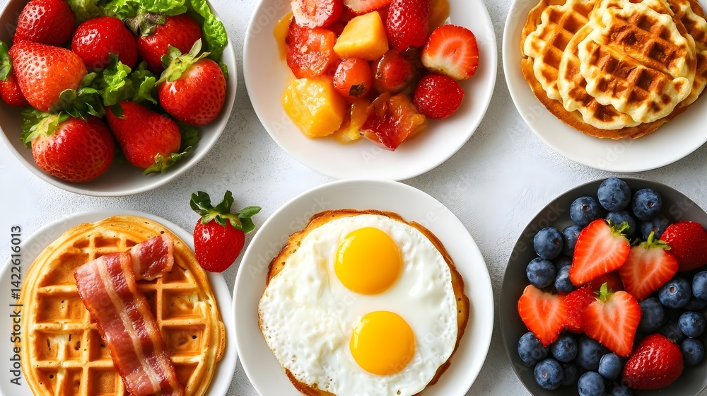 Colorful Breakfast Plate with Eggs, Fruits and Waffles on Table Colorful Breakfast Plate with Eggs, Fruits and Waffles on Table