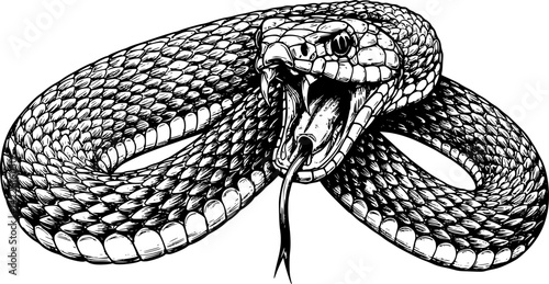 A vintage-style woodcut engraved etching featuring the head of a snake

