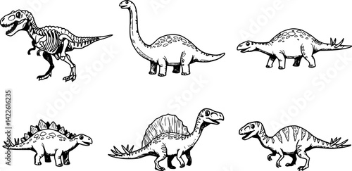 Various dinosaur illustrations showcasing different species in skeletal and cartoon styles
