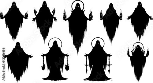 Dark figures of sorcery and mystery gather in an eerie setting with flaming spells and ghostly appearances

