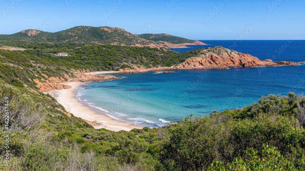 Obraz premium Coastal scenery of a Mediterranean bay with a sandy beach.