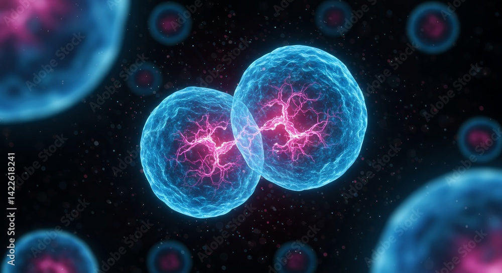 Detailed Render of Vibrant Blue Dividing Cells with Glowing Particles on Dark Blurred Background Perfect for Science and Medical Illustration Detailed Render of Vibrant Blue Dividing Cells with Glowing Particles on Dark Blurred Background Perfect for Science and Medical Illustration