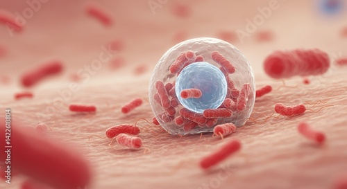 Detailed 3D Render of Gardnerella Vaginalis Bacteria Adhering to Human Epithelial Cell with Light Blue Nucleus and Red Bacteria Against a Pink Cellular Background