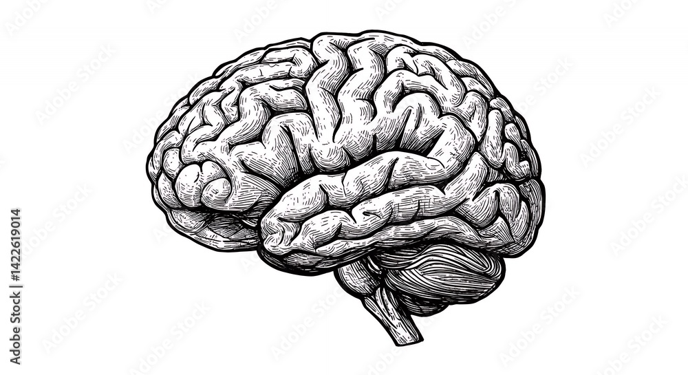 Fototapeta premium Detailed Stippled Illustration of Human Brain Anatomy on White Background