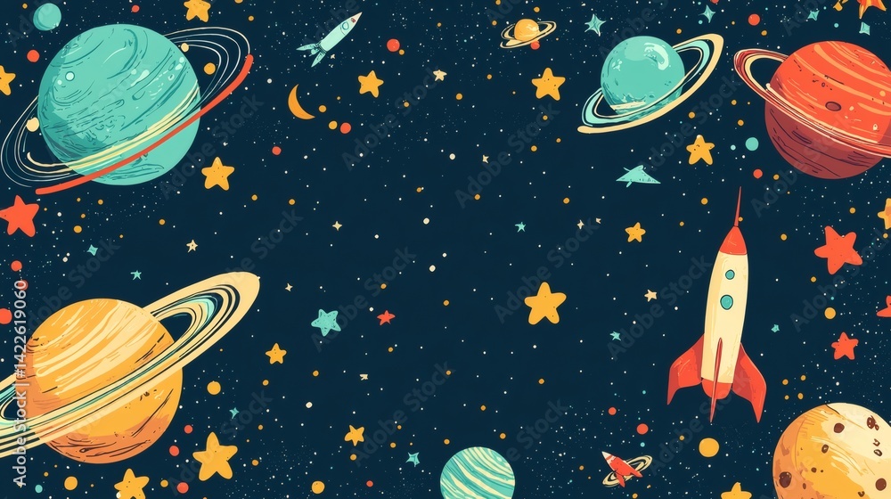 Colorful Space Illustration with Planets, Stars, and Rocket Ship Art Colorful Space Illustration with Planets, Stars, and Rocket Ship Art