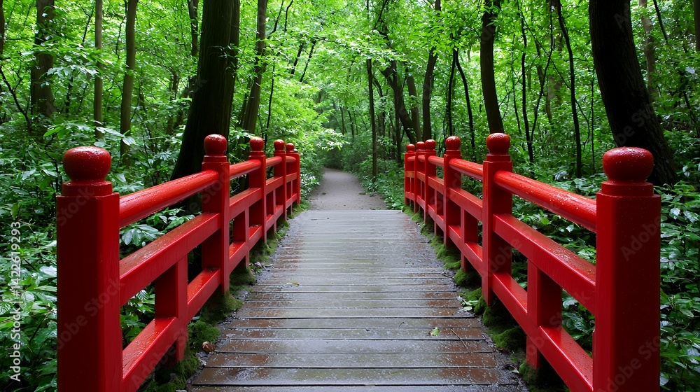Fototapeta premium Red bridge in a vibrant green forest after rain