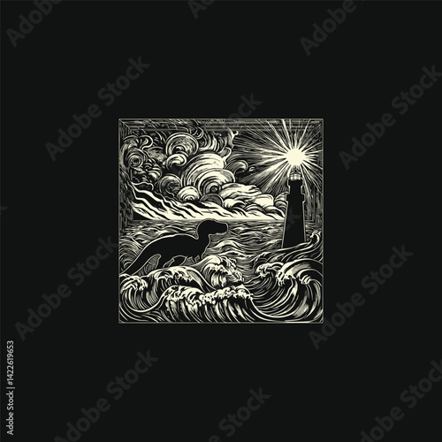 T-Rex silhouette standing in the middle of fierce waves design vector template illustration