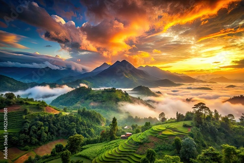 Dien Bien Phu Vietnam Long Exposure Photography, Epic Landscape, Vintage, Historical, Vietnam War, Misty Mountains, Lush Jungle, Dramatic Sky