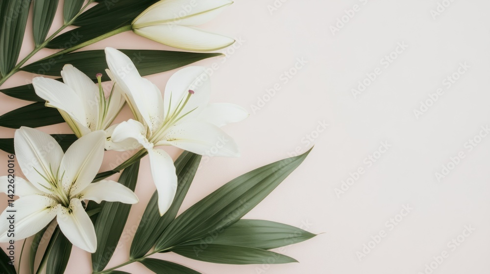 Fototapeta premium Delicate white lilies and palm leaves arranged on a pastel background.