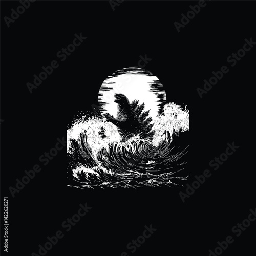Godzilla rampages through the ocean design vector template illustration