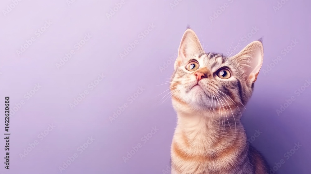 A tabby cat looks up with wide eyes, showcasing its playful curiosity against a soft purple background, creating a charming composition A tabby cat looks up with wide eyes, showcasing its playful curiosity against a soft purple background, creating a charming composition