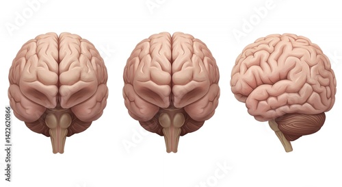 Detailed Human Brain Anatomy Illustration Three Views on White Background Medical Science
