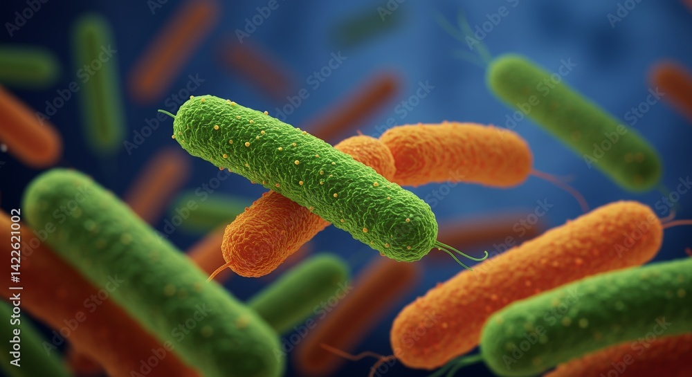 Vibrant Green and Orange Bacteria Close Up on Dark Blue Background Medical Conceptualization Vibrant Green and Orange Bacteria Close Up on Dark Blue Background Medical Conceptualization