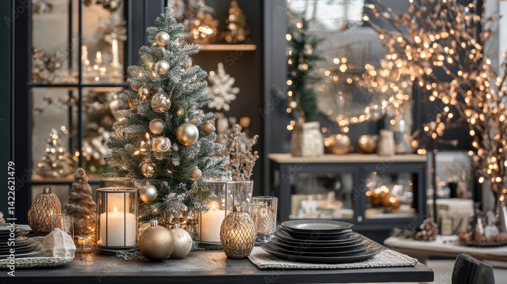 Festive Holiday Table Setting with Christmas Tree and Candlelight in a Cozy Home Interior Festive Holiday Table Setting with Christmas Tree and Candlelight in a Cozy Home Interior
