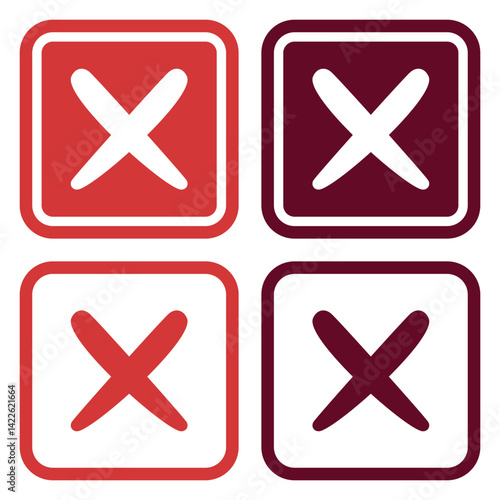 Red cross mark icon button set isolated on white background.